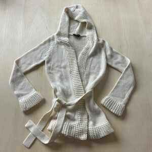 Vintage It's Our Time Cardigan Sweater Women Small White Hooded Belted Wrap Knit